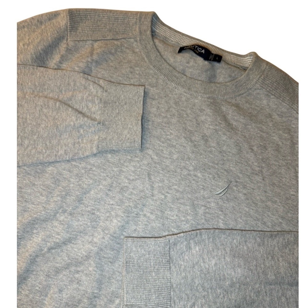 Nautica Crewneck Cotton Sweater Mens Large Light Gray Ribbed Shoulder Logo Knit